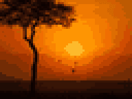 A lone acacia tree silhouetted against an orange sunset in the Maasai Mara, Kenya, shown as a pixelated photograph.